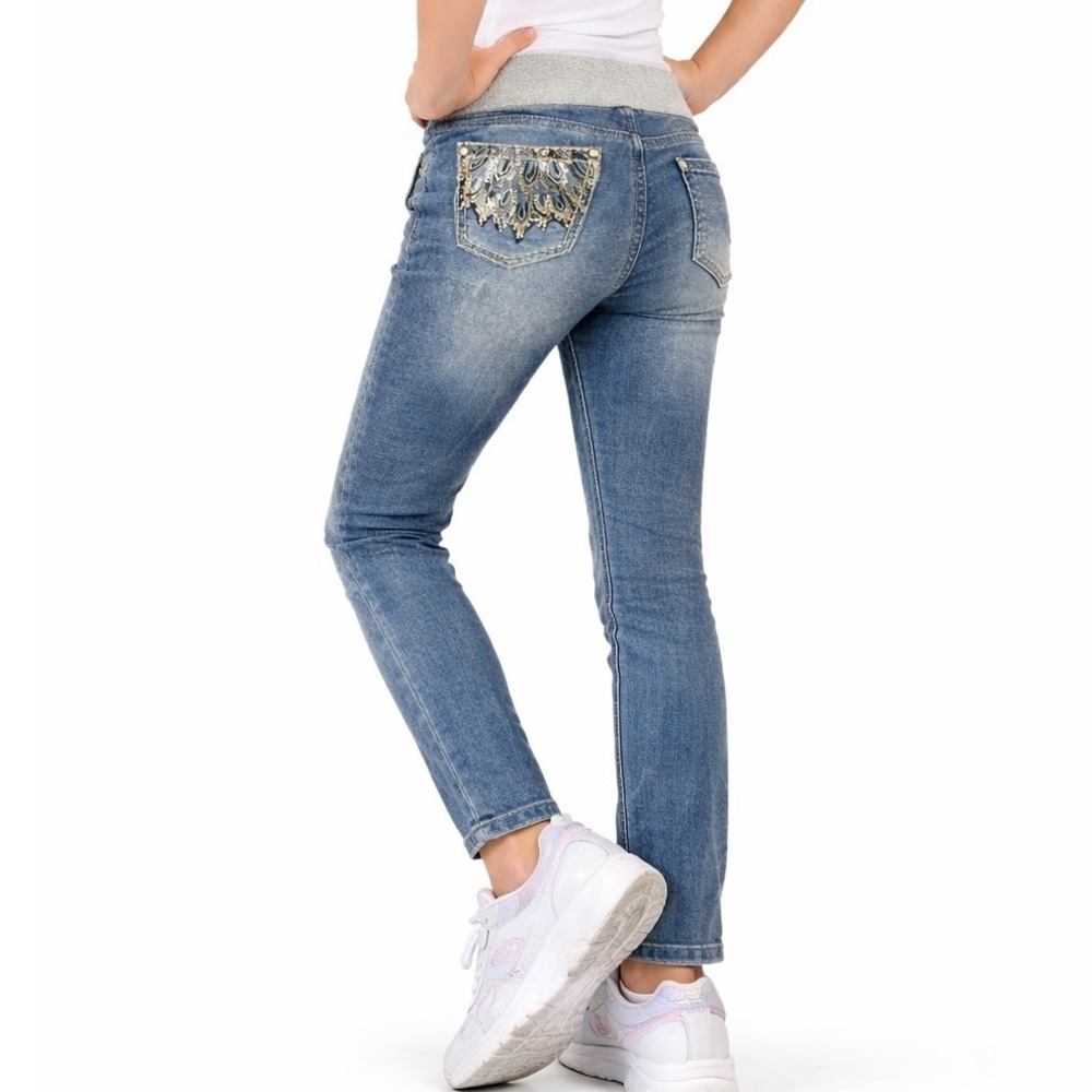 Justice Jeggings Girls 12‎ Slim Blue Sequin Back Pocket Knit Waist Mid Rise Slim